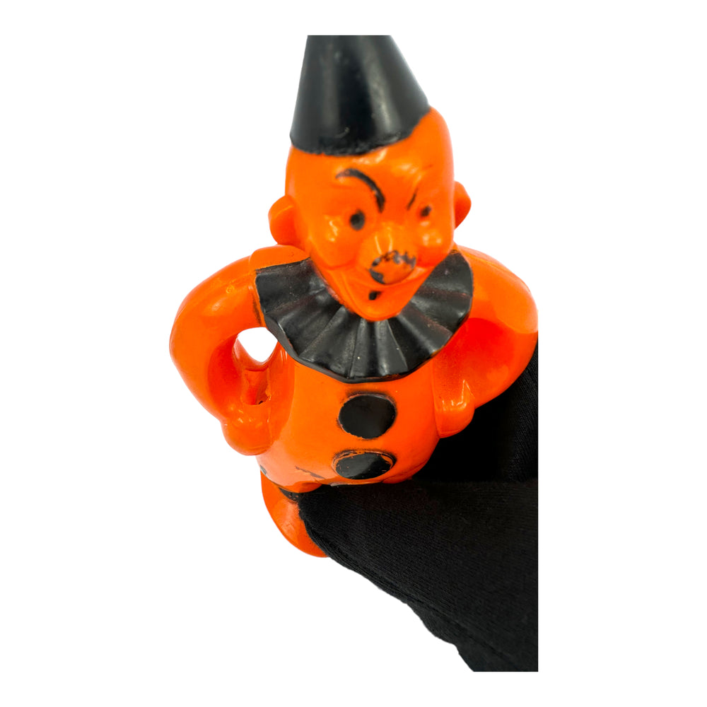 Vintage Halloween Rosbro E. Rosen Hard Plastic Orange Clown Toy ~ 1950s Hard Plastic Candy/Lollipop Holder at Eerie Emporium.