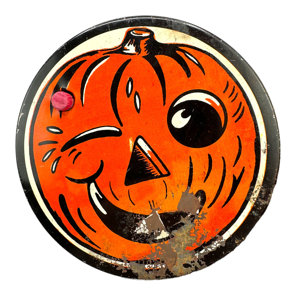 Vintage Halloween 1940s Kirchhof Tin Jack O' Lantern Noisemaker Ratchet at Eerie Emporium.