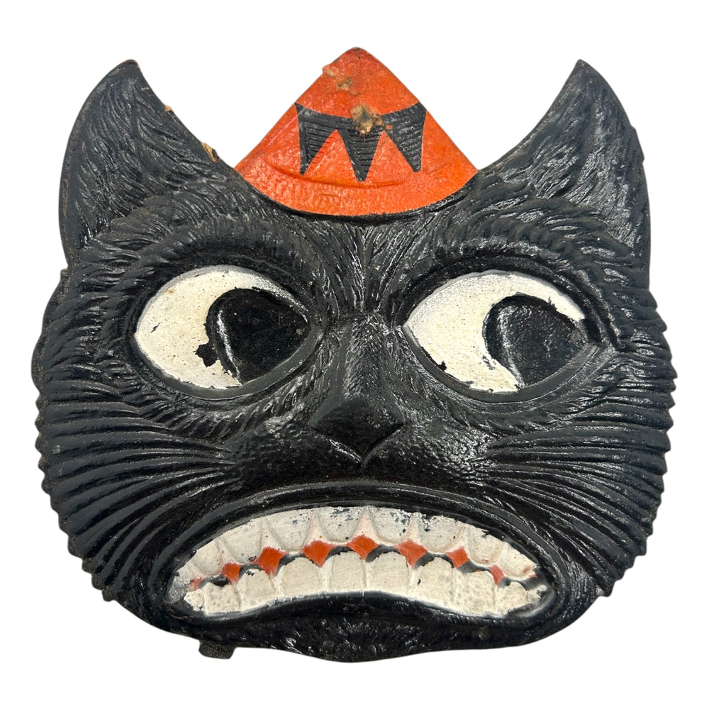 Antique Halloween 1920s German Heavily Embossed Black Cat Face Wearing Hat Die Cut at Eerie Emporium. 