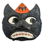 Antique Halloween 1920s German Heavily Embossed Black Cat Face Wearing Hat Die Cut at Eerie Emporium. 