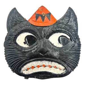 Antique Halloween 1920s German Heavily Embossed Black Cat Face Wearing Hat Die Cut at Eerie Emporium. 2
