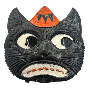 Antique Halloween 1920s German Heavily Embossed Black Cat Face Wearing Hat Die Cut at Eerie Emporium. 