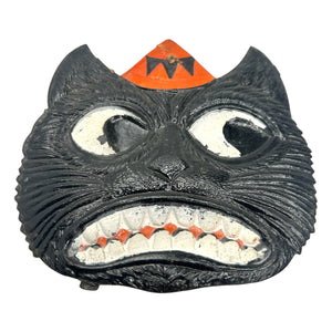 Antique Halloween 1920s German Heavily Embossed Black Cat Face Wearing Hat Die Cut at Eerie Emporium. 3