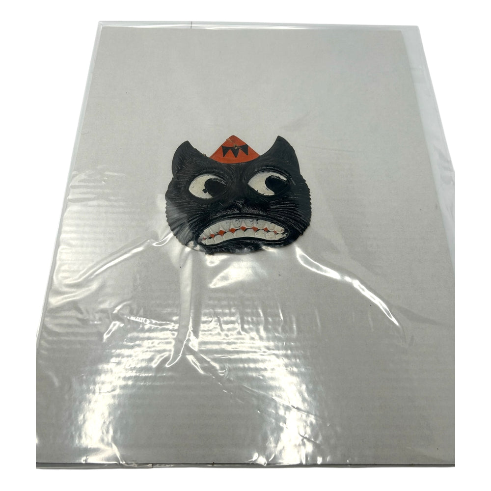 Antique Halloween 1920s German Heavily Embossed Black Cat Face Wearing Hat Die Cut at Eerie Emporium. 7