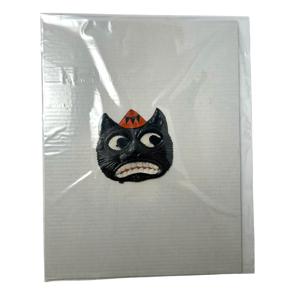 Antique Halloween 1920s German Heavily Embossed Black Cat Face Wearing Hat Die Cut at Eerie Emporium. 8
