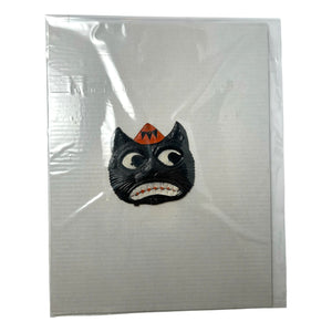 Antique Halloween 1920s German Heavily Embossed Black Cat Face Wearing Hat Die Cut at Eerie Emporium. 8