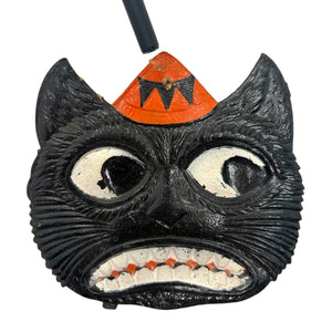 Antique Halloween 1920s German Heavily Embossed Black Cat Face Wearing Hat Die Cut at Eerie Emporium. 9