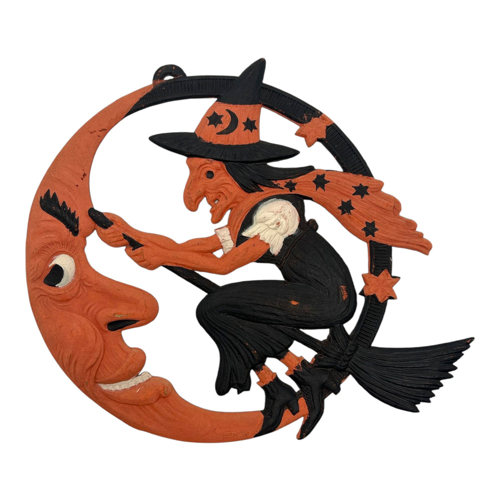 Antique Halloween German Crescent Moon & Flying Witch Die Cut ~ 1920s Large Heavily Embossed at Eerie Emporium.