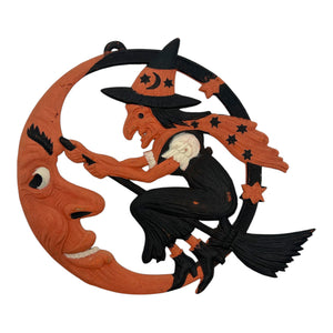 Antique Halloween German Crescent Moon & Flying Witch Die Cut ~ 1920s Large Heavily Embossed at Eerie Emporium. 2