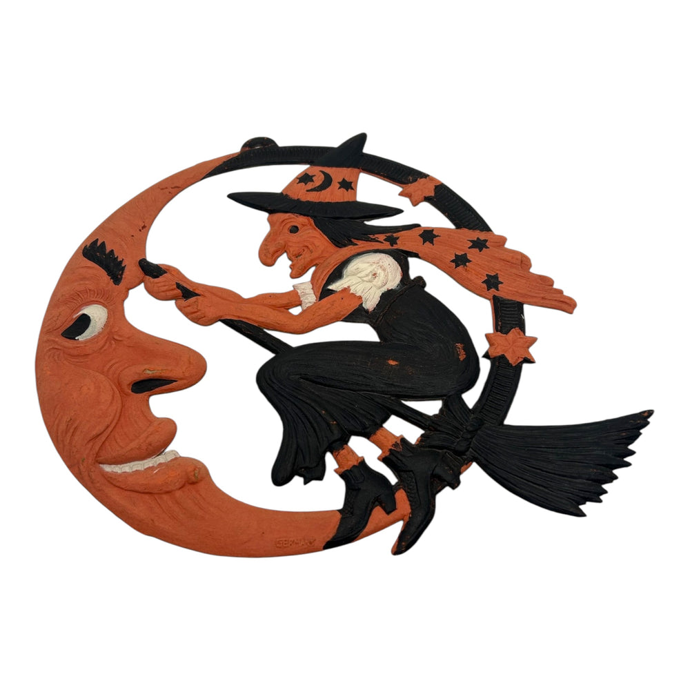 Antique Halloween German Crescent Moon & Flying Witch Die Cut ~ 1920s Large Heavily Embossed at Eerie Emporium. 3