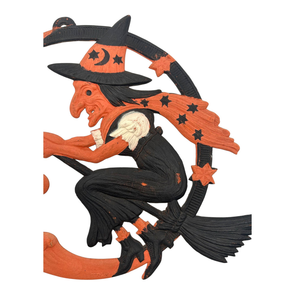 Antique Halloween German Crescent Moon & Flying Witch Die Cut ~ 1920s Large Heavily Embossed at Eerie Emporium. 5