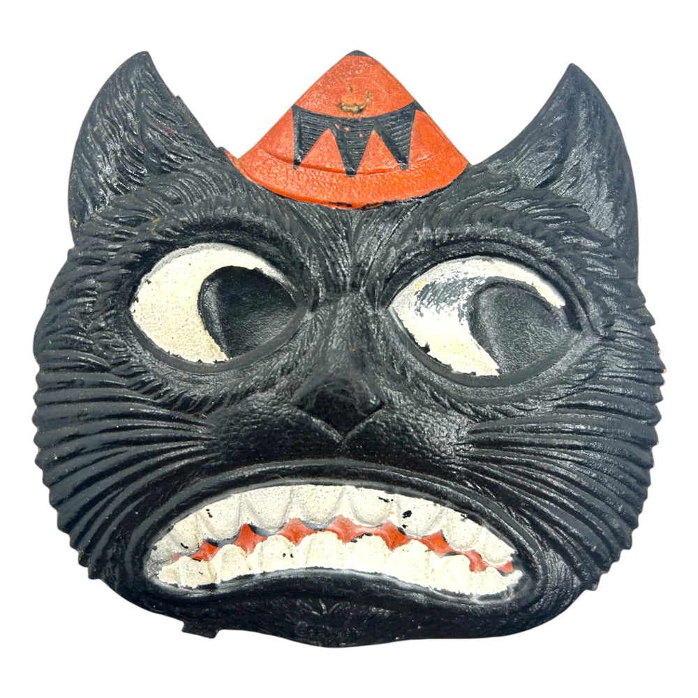 Antique Halloween German Heavily Embossed Black Cat Face Wearing Hat Die Cut ~ 1920s at Eerie Emporium.