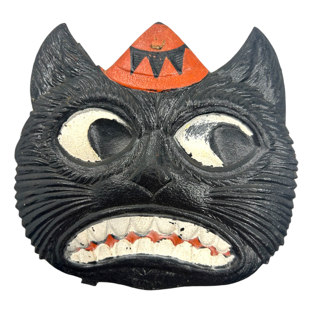 Antique Halloween German Heavily Embossed Black Cat Face Wearing Hat Die Cut ~ 1920s at Eerie Emporium. 2