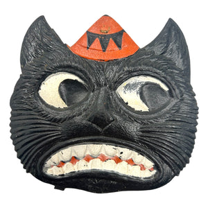 Antique Halloween German Heavily Embossed Black Cat Face Wearing Hat Die Cut ~ 1920s at Eerie Emporium. 2