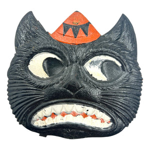 Antique Halloween German Heavily Embossed Black Cat Face Wearing Hat Die Cut ~ 1920s at Eerie Emporium.