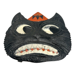 Antique Halloween German Heavily Embossed Black Cat Face Wearing Hat Die Cut ~ 1920s at Eerie Emporium. 3