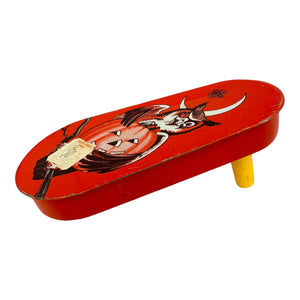 
            
                Load image into Gallery viewer, Vintage Halloween US Metal Toy Tin Owl Noisemaker. Item is an Oblong Ratchet from the 1950s with an Original drugstore sticker. Available at Eerie Emporium.
            
        