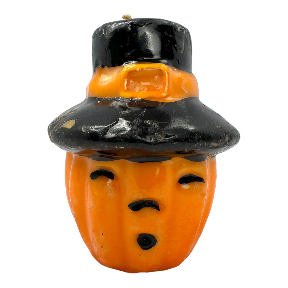 Halloween Jack O Lantern with Pilgrim Hat Candle at Eerie Emporium.