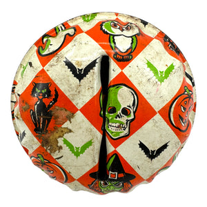 Vintage Halloween Spearhead Industries, Inc. Tin Shaker / Rattler Diamond Patterned Noisemaker from the late 1960s at Eerie Emporium.