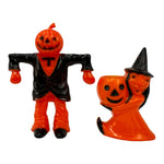Vintage Halloween Rosbro Hard Plastic Scarecrow & Witch With Jack O' Lanterns, Set of 2 ~ 1950s Toy & Candy Holder at Eerie Emporium.