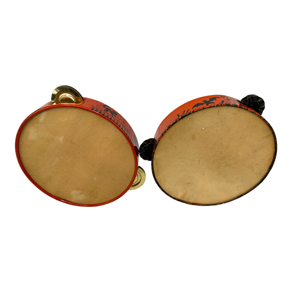 Vintage Halloween Tin Tambourine Noisemakers, Set of 2 ~ T. Cohn & Ohio Art Company from the 1930s or early-1940s at Eerie Emporium.
