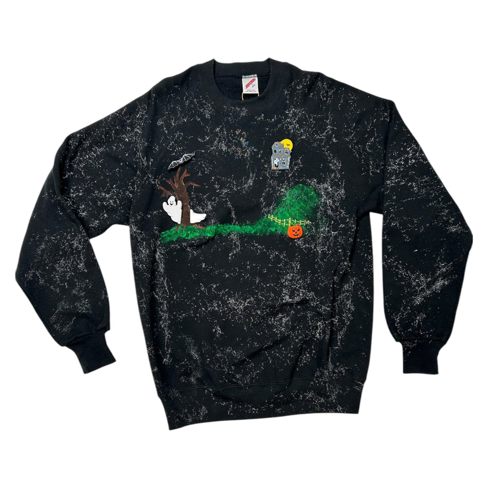 Vintage 1990s Haunted Halloween Forest Sweater with Pins ~ Large Hand Painted at Eerie Emporium.