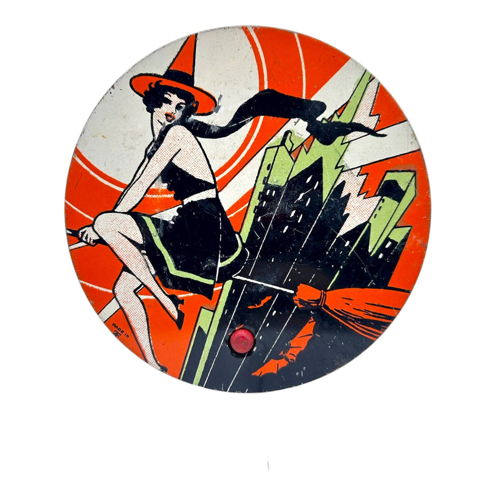 Vintage Halloween 1930s T. Cohn Tin Litho Ratchet Noisemaker ~ Art Deco Witch Flying over City Bats Moon at Eerie Emporium. 