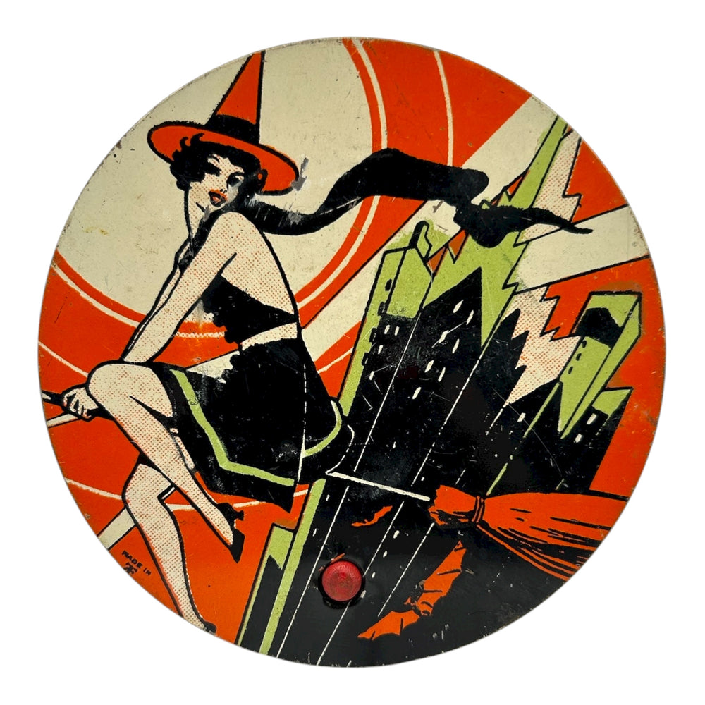 Vintage Halloween 1930s T. Cohn Tin Litho Ratchet Noisemaker ~ Art Deco Witch Flying over City Bats Moon at Eerie Emporium. 2