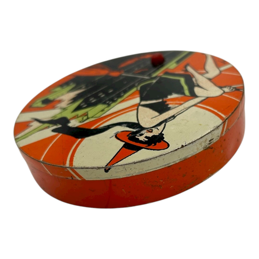 Vintage Halloween 1930s T. Cohn Tin Litho Ratchet Noisemaker ~ Art Deco Witch Flying over City Bats Moon at Eerie Emporium. 3