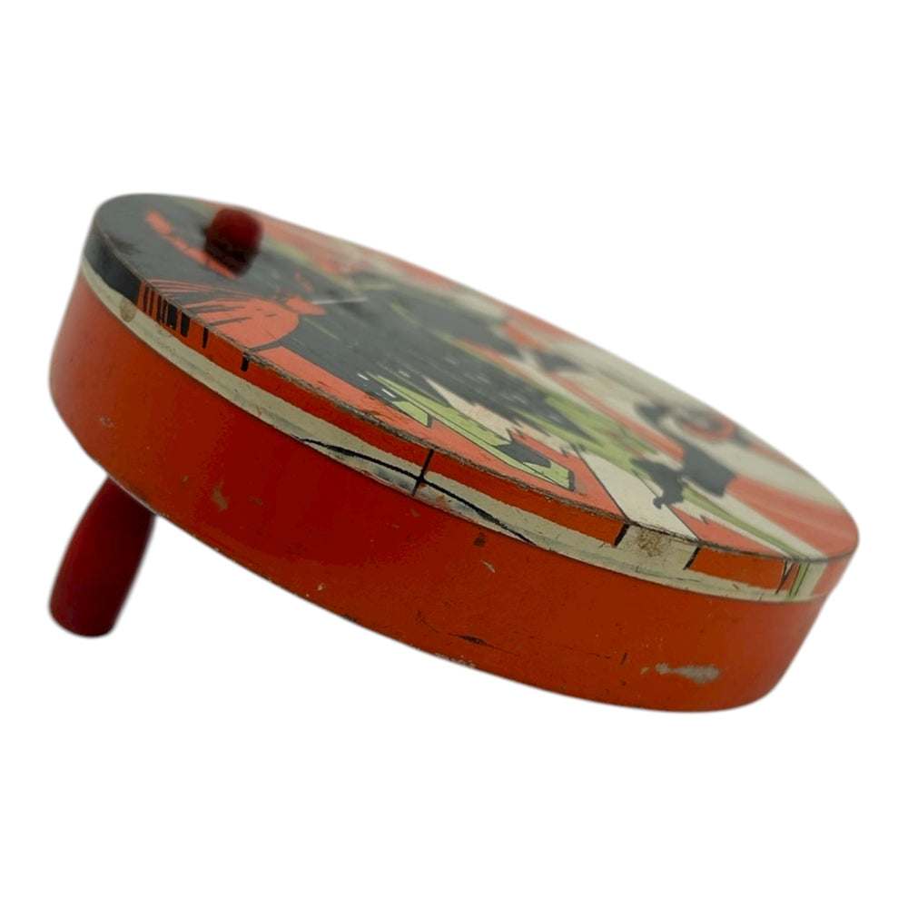 Vintage Halloween 1930s T. Cohn Tin Litho Ratchet Noisemaker ~ Art Deco Witch Flying over City Bats Moon at Eerie Emporium. 4