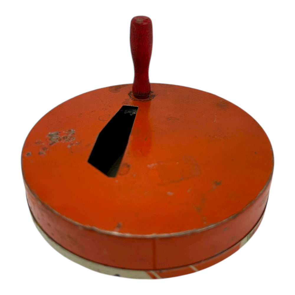 Vintage Halloween 1930s T. Cohn Tin Litho Ratchet Noisemaker ~ Art Deco Witch Flying over City Bats Moon at Eerie Emporium. 6