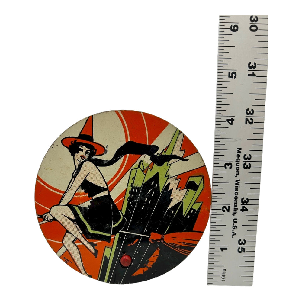 Vintage Halloween 1930s T. Cohn Tin Litho Ratchet Noisemaker ~ Art Deco Witch Flying over City Bats Moon at Eerie Emporium. 8