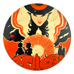 Vintage Halloween 1930s T. Cohn Tin Litho Ratchet Noisemaker Witch w/ Orange Coloring at Eerie Emporium. 