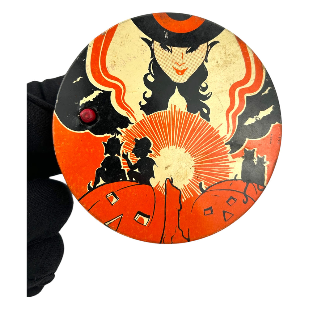 Vintage Halloween 1930s T. Cohn Tin Litho Ratchet Noisemaker Witch w/ Orange Coloring at Eerie Emporium. 2