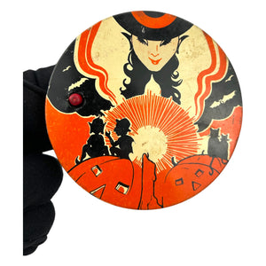 Vintage Halloween 1930s T. Cohn Tin Litho Ratchet Noisemaker Witch w/ Orange Coloring at Eerie Emporium. 2