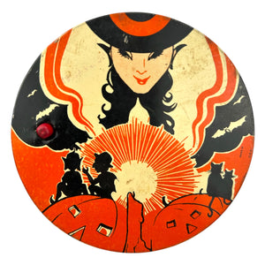 Vintage Halloween 1930s T. Cohn Tin Litho Ratchet Noisemaker Witch w/ Orange Coloring at Eerie Emporium. 