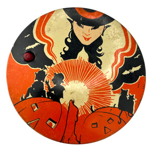 Vintage Halloween 1930s T. Cohn Tin Litho Ratchet Noisemaker Witch w/ Orange Coloring at Eerie Emporium. 3