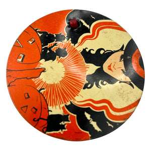 Vintage Halloween 1930s T. Cohn Tin Litho Ratchet Noisemaker Witch w/ Orange Coloring at Eerie Emporium. 4