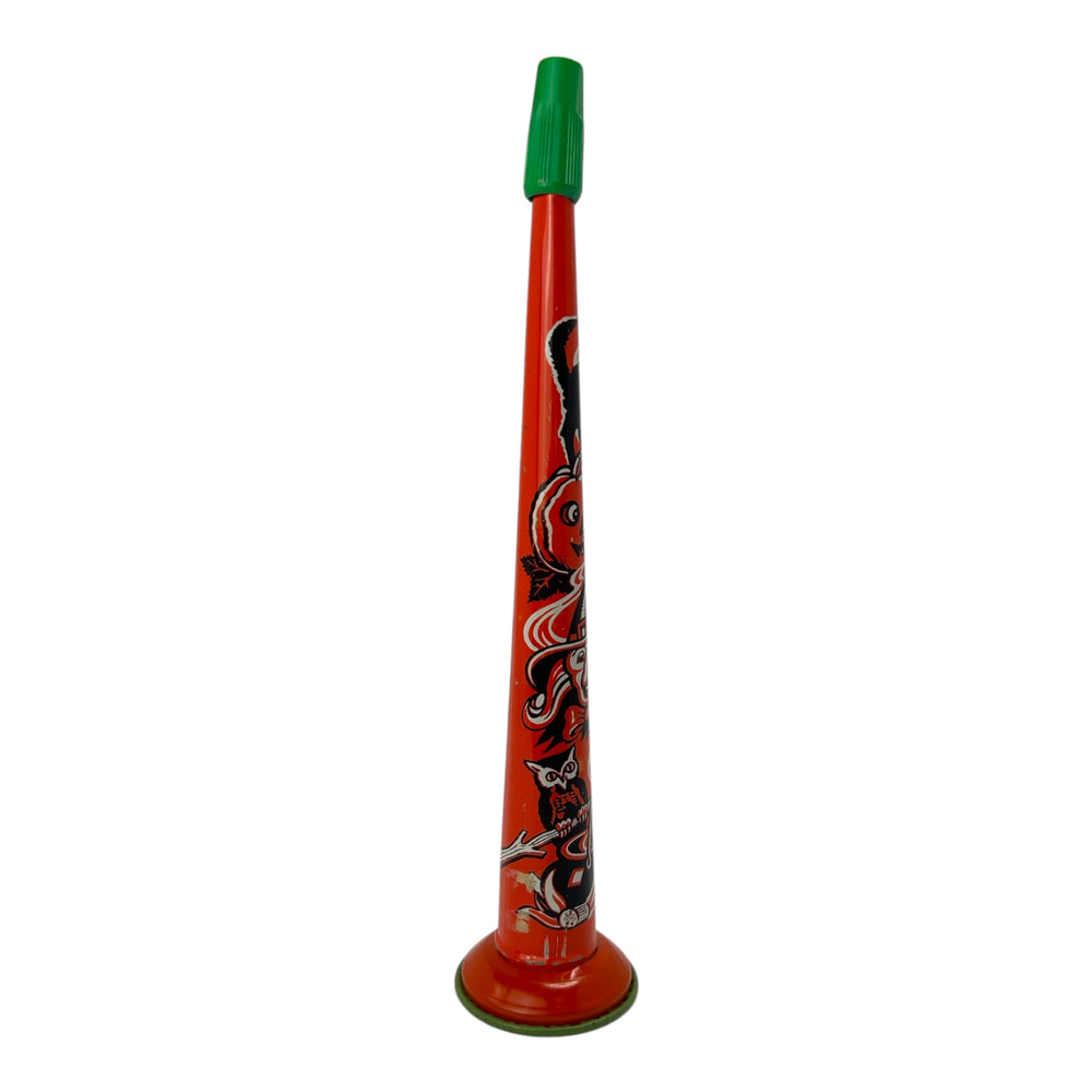 Vintage Halloween 1950s Tin Litho Horn Noisemaker US Metal Toy Witch JOL Black Cat at Eerie Emporium. 2