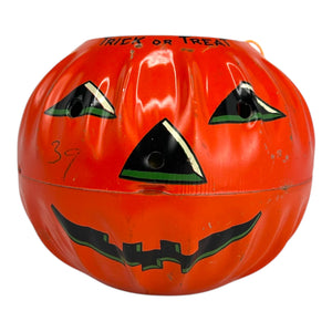 Vintage Halloween 1950s US Metal Toy Tin Litho Jack-O'-Lantern with Owl B at Eerie Emporium. 2