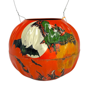 Vintage Halloween 1950s US Metal Toy Tin Litho Jack-O'-Lantern with Owl at Eerie Emporium. 4