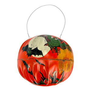 Vintage Halloween 1950s US Metal Toy Tin Litho Jack-O'-Lantern with Owl at Eerie Emporium. 5