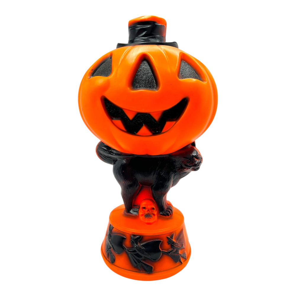 Vintage Halloween 1960s Empire Jack-O'-Lantern on Cat with Flying Witches Blow Mold Lamp at Eerie Emporium.