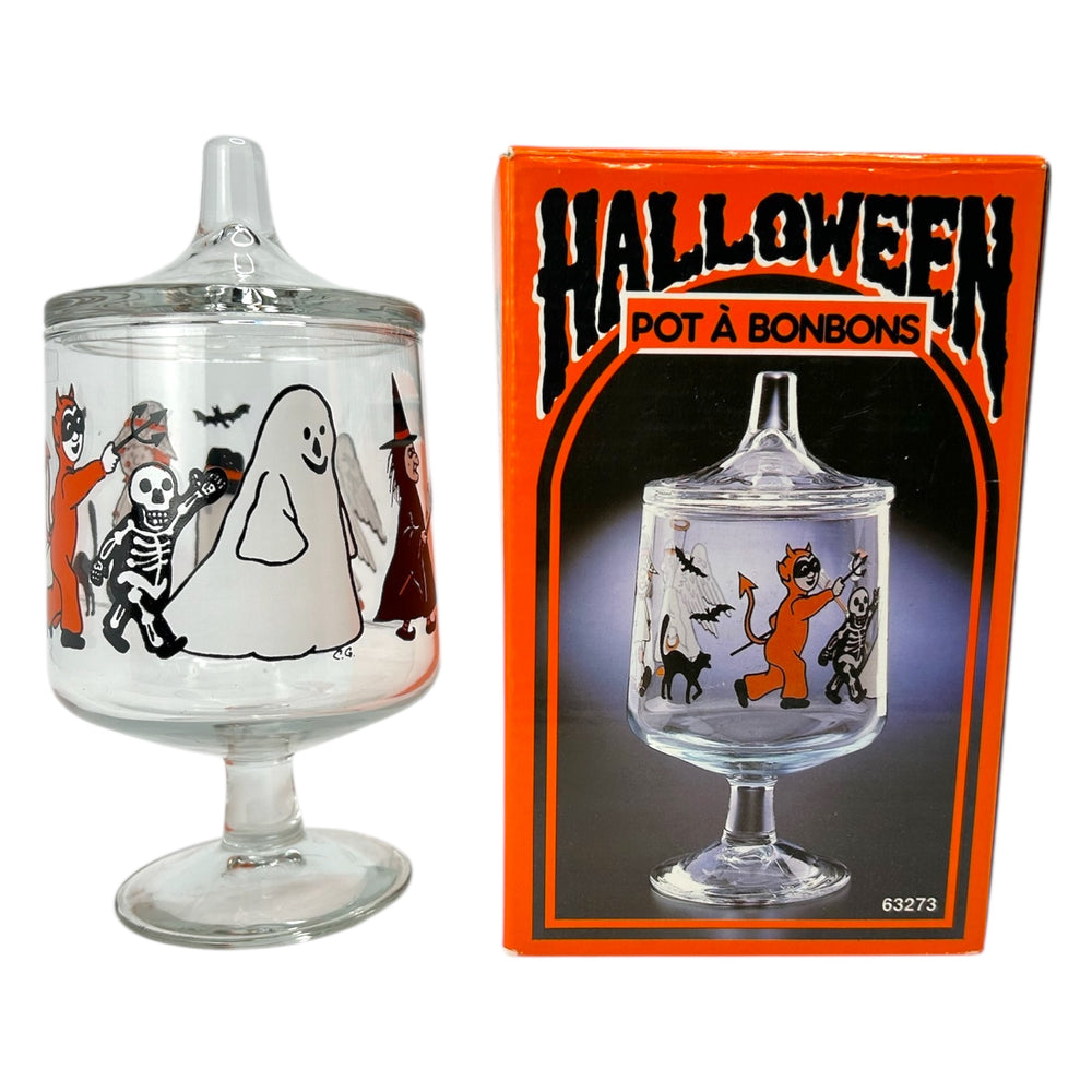 Vintage Halloween 1980s Glass Candy Jar w/Lid + Original Box ~ Action Industries at Eerie Emporium