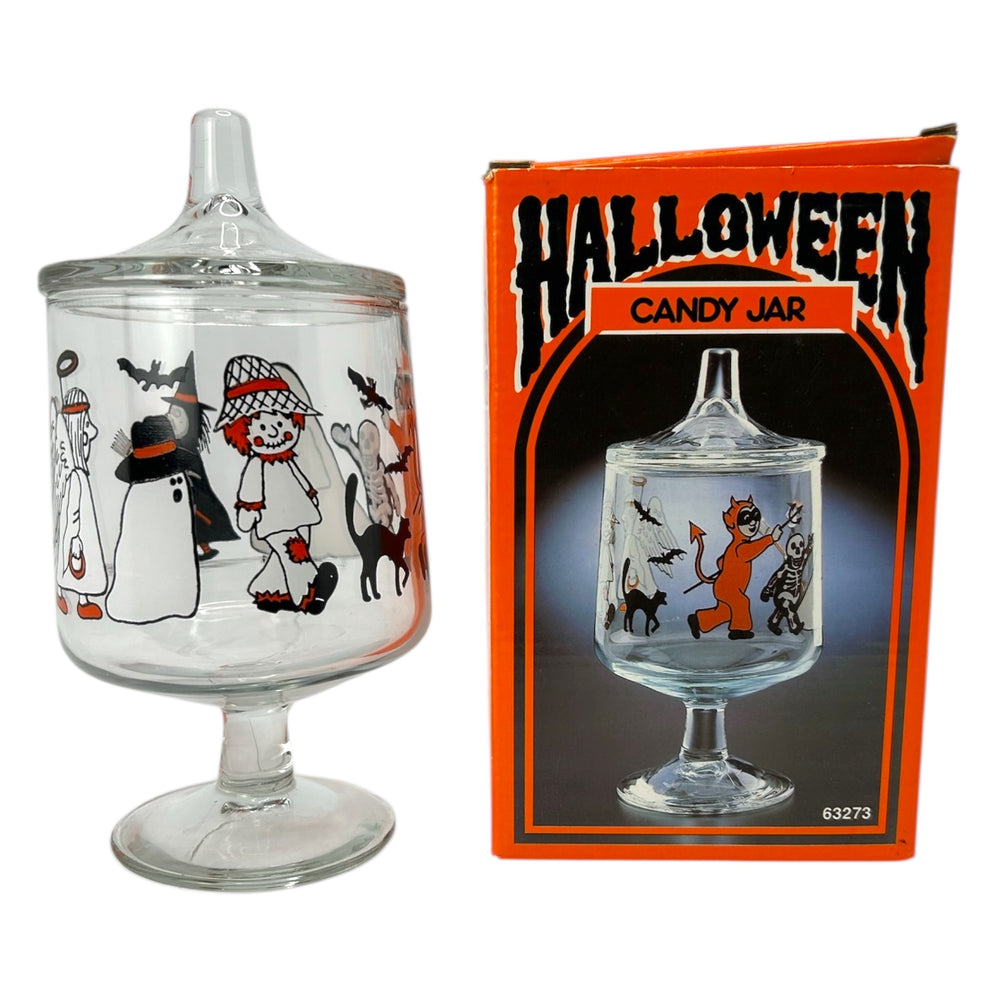 Vintage Halloween 1980s Glass Candy Jar w/Lid + Original Box ~ Action Industries at Eerie Emporium. 2