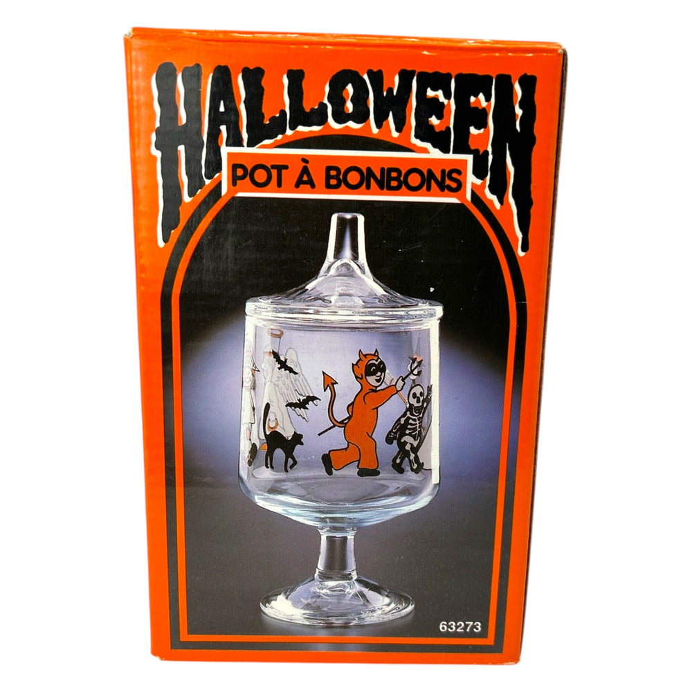 Vintage Halloween 1980s Glass Candy Jar w/Lid + Original Box ~ Action Industries at Eerie Emporium. 3