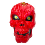 Vintage Halloween 1990s Jumbo Blow Mold Red Skeleton Skull with Spider Candy Container at Eerie Emporium.