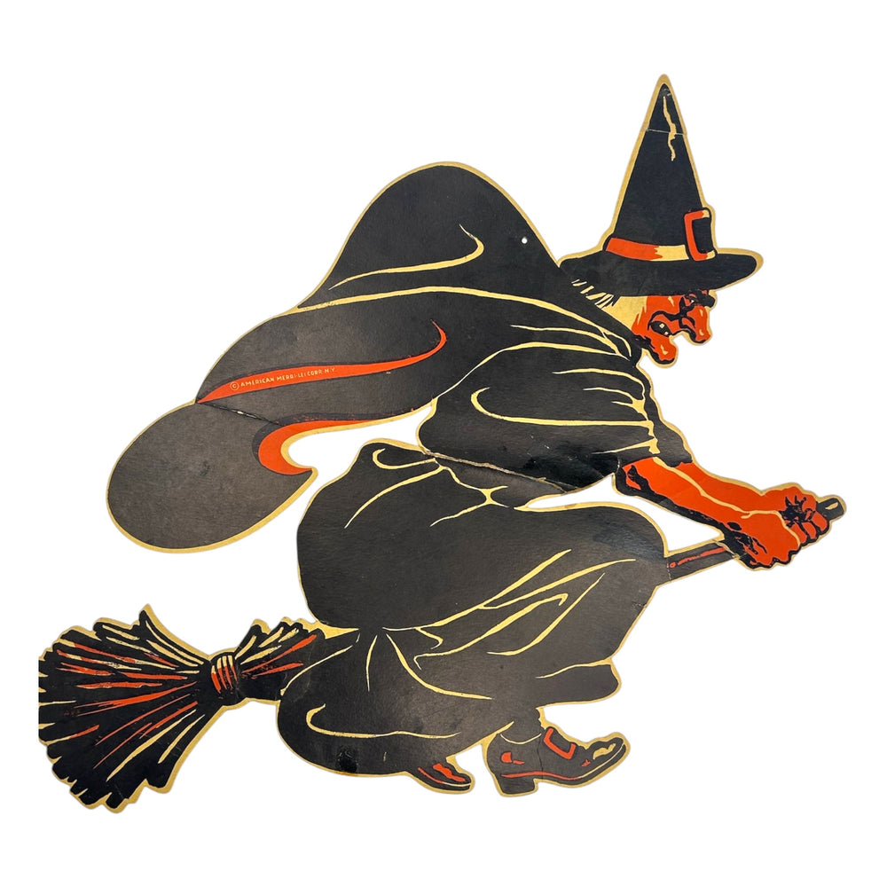 Vintage Halloween American Merri-Lei Witch on Broom Die Cut at Eerie Emporium. 