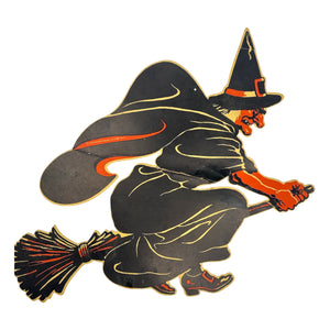 Vintage Halloween American Merri-Lei Witch on Broom Die Cut at Eerie Emporium. 