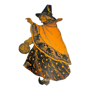 Vintage Halloween Authentic Beistle Witch Walking with Jack-O'-Lantern Diecut ~ 1930s at Eerie Emporium.